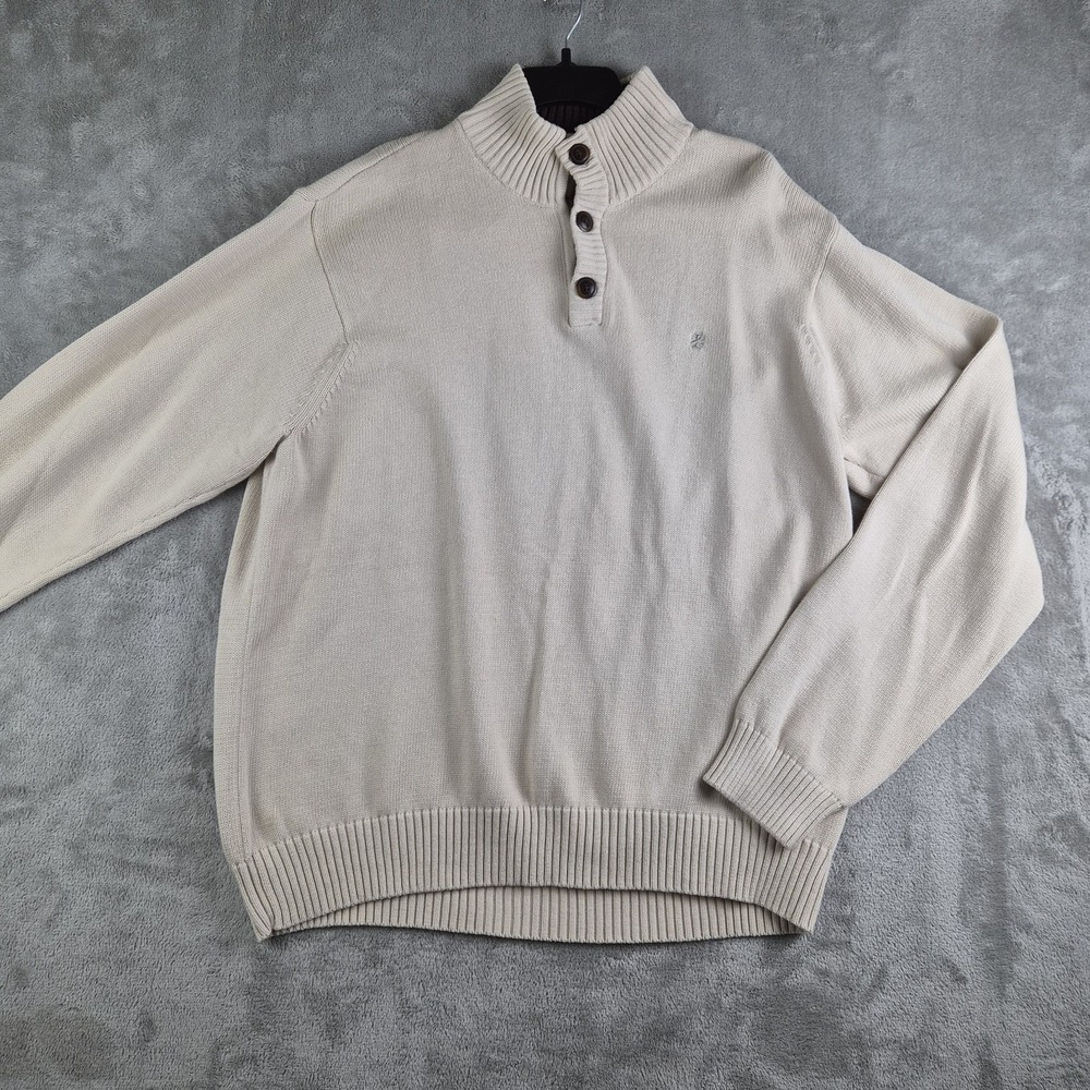 Izod Sweater Mens XXL Beige Knit 100% Cotton 1/4 Button Mock Neck Pullover